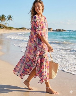 Tamsy Multi Color Stripe Pattern Kaftan Dress One Size Fits Most. Beach Cover Up