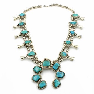 Southwest Sterling Turquoise Matrix Rope Twist Squash Blossom Necklace #S6159 2