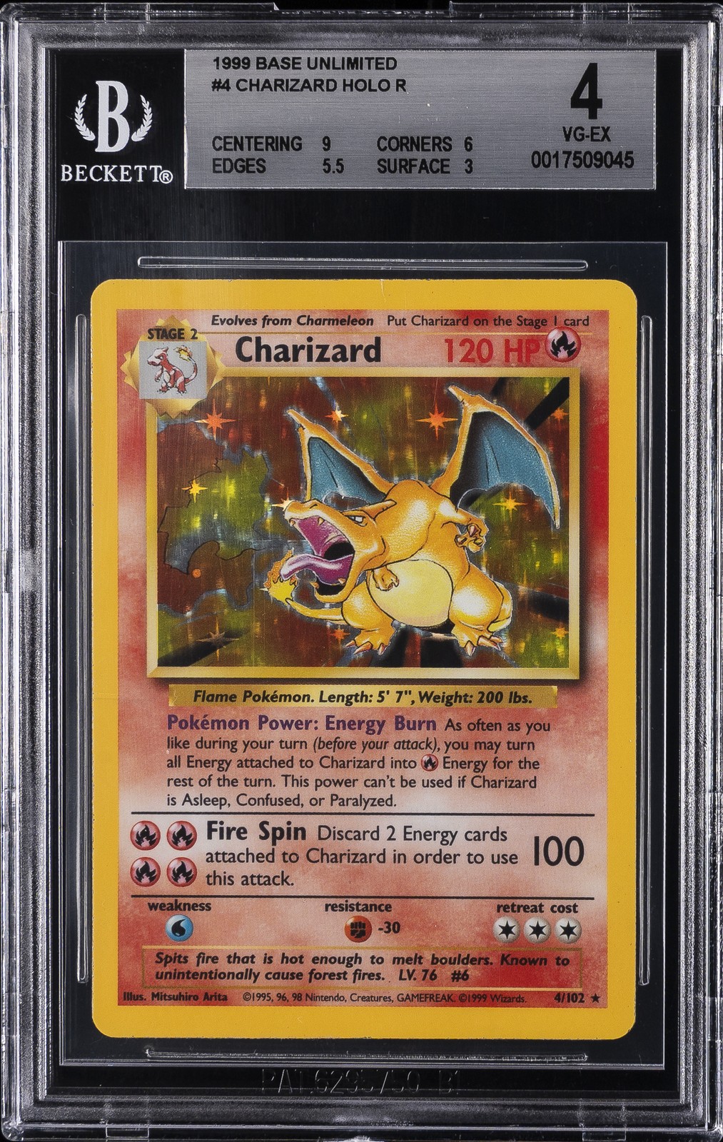 1999 POKEMON BASE UNLIMITED HOLO #4 CHARIZARD BGS 4