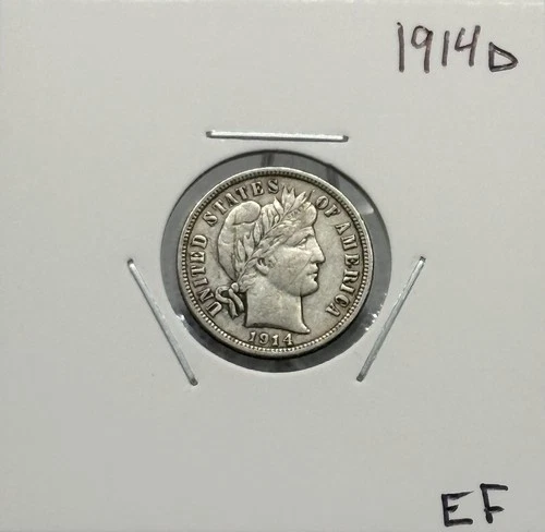 1914 D Barber Dime, 90% Silver, Extremely Fine, Very Nice Condition! 🔥🔥