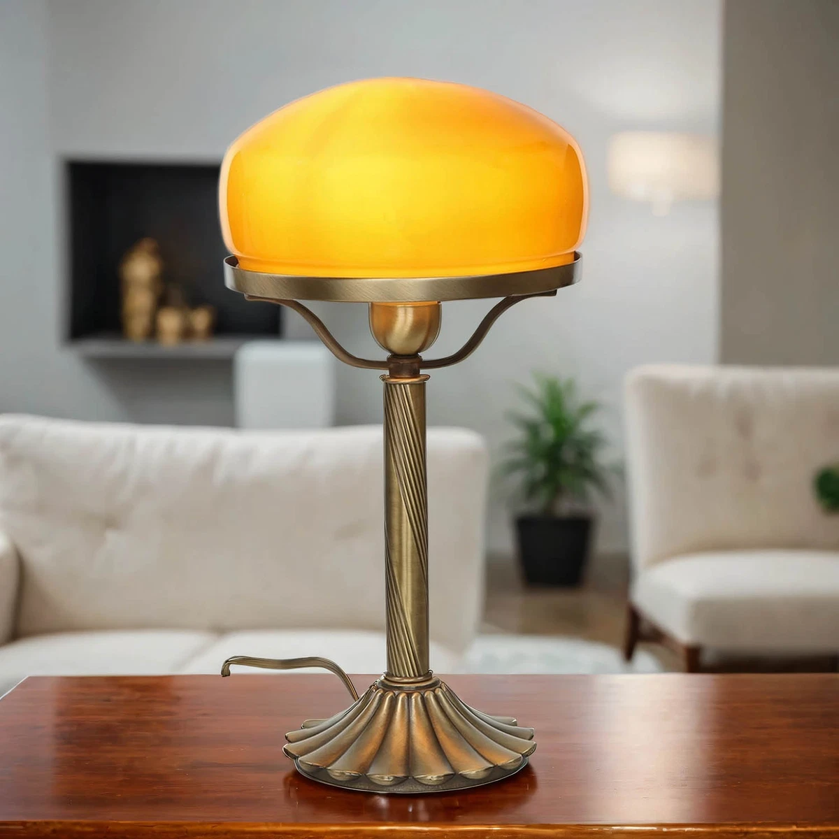 Lampe Vintage En Verre Orange Tangerine, Socle Massif, Neuve - Style Art Déco