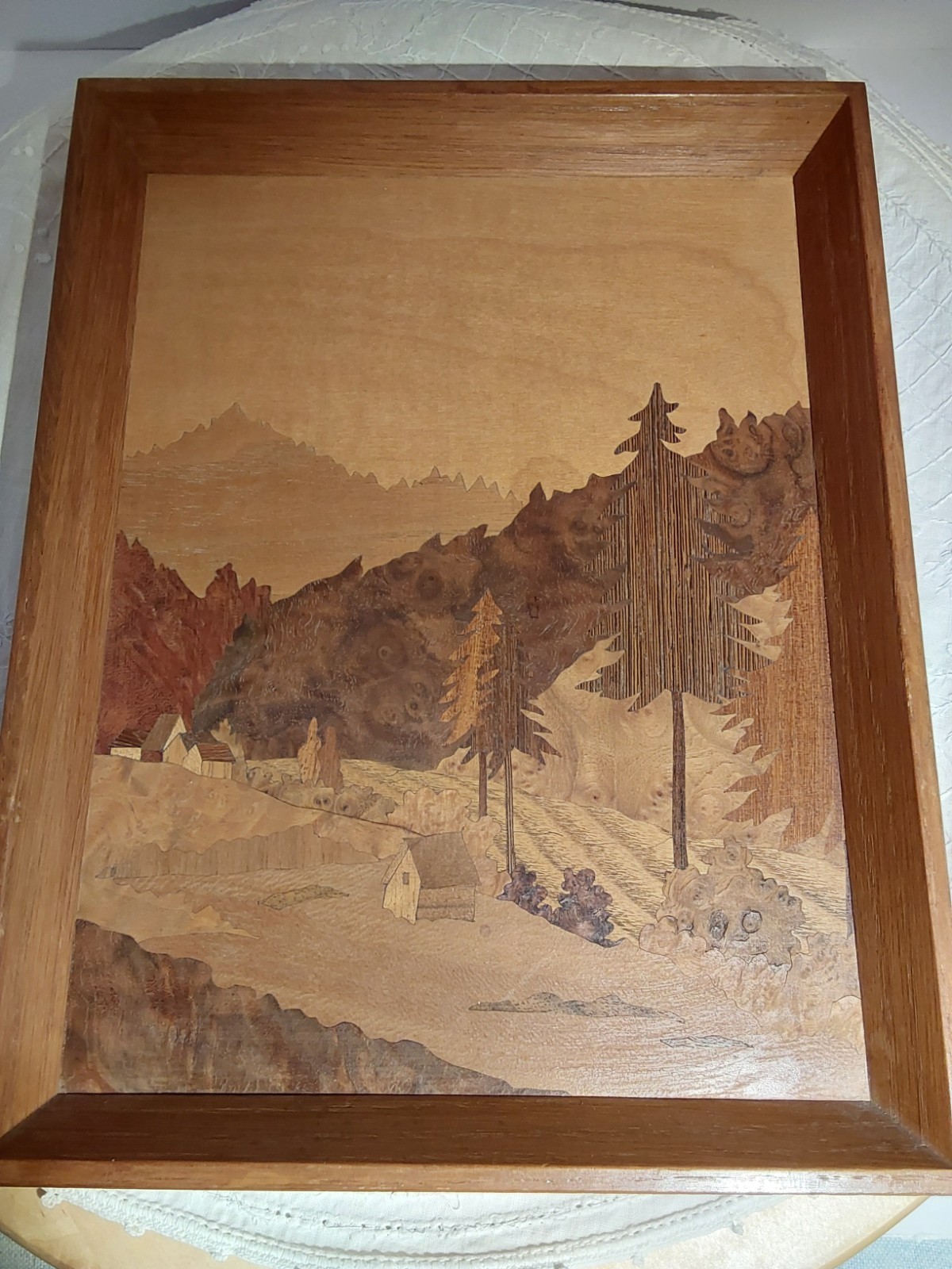 Set 2 Vintage German Inlaid Marquetry Wood Inlay Mountain/Alps by Paul Schaefer