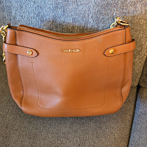 Calvin Klein Brown Pebbled Shoulder Bag Gold Hardware Chain Strap Zip Detach