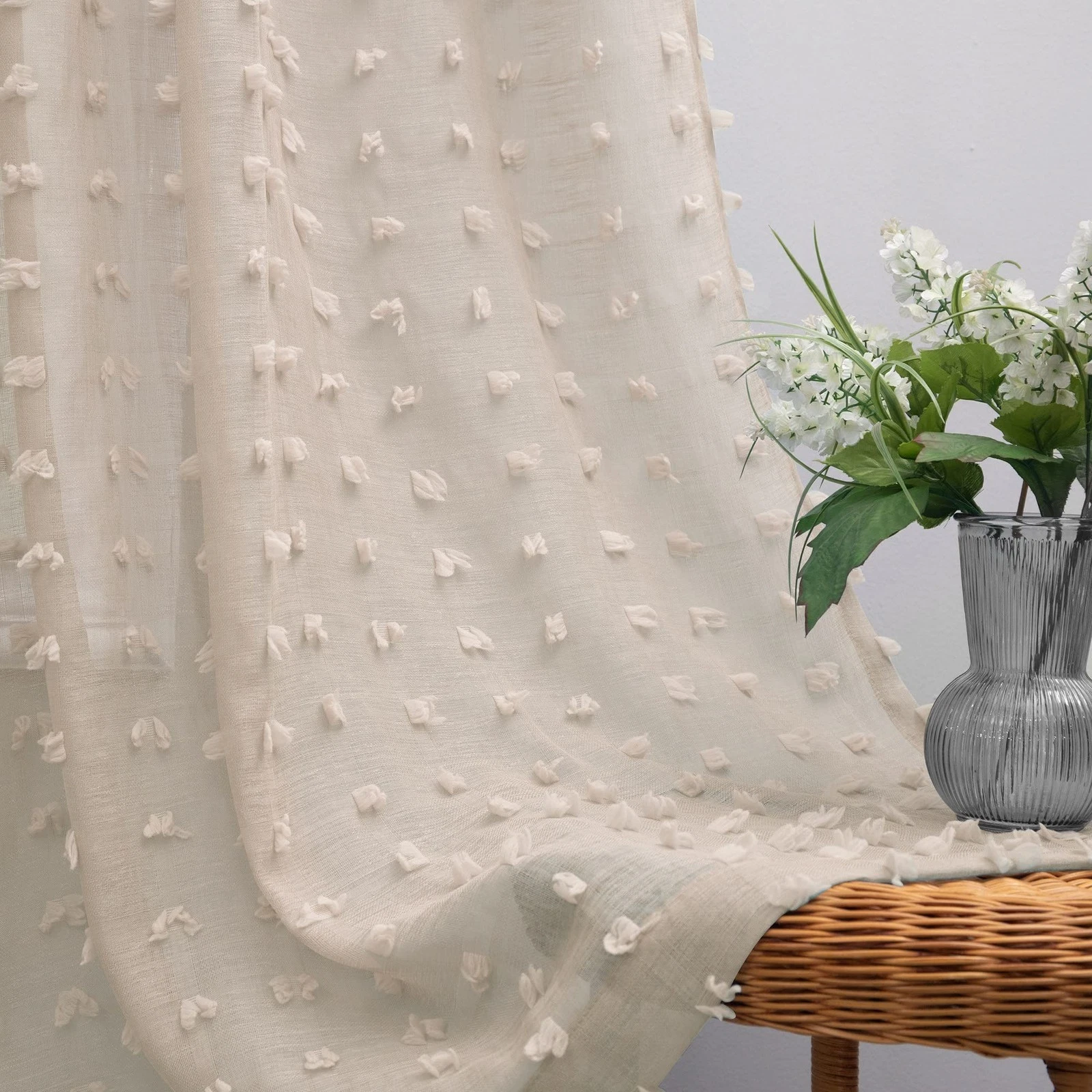 KOUFALL Boho Earth Tone Sheer Curtains 63 Inch 2 Panels Rod Pocket Pompom Tassel
