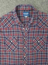 Vintage Wrangler Western Shirt Mens XL Flannel Plaid Pearl Snap Cowboy Navy Red