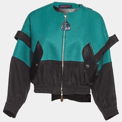 Louis Vuitton Bomberjacke Grün Leinen Lederbesatz S