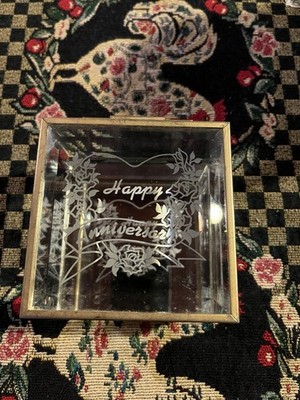 Vintage Mirrored Glass Anniversary Etched Jewelry Box 4  X 4  X 2.75 