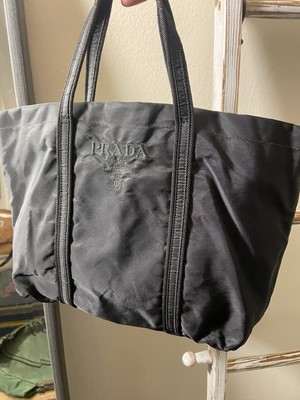 Prada Tessuto Marchio Black Nylon Fringe Stitch Embroidered Hand Tote Bag, Good
