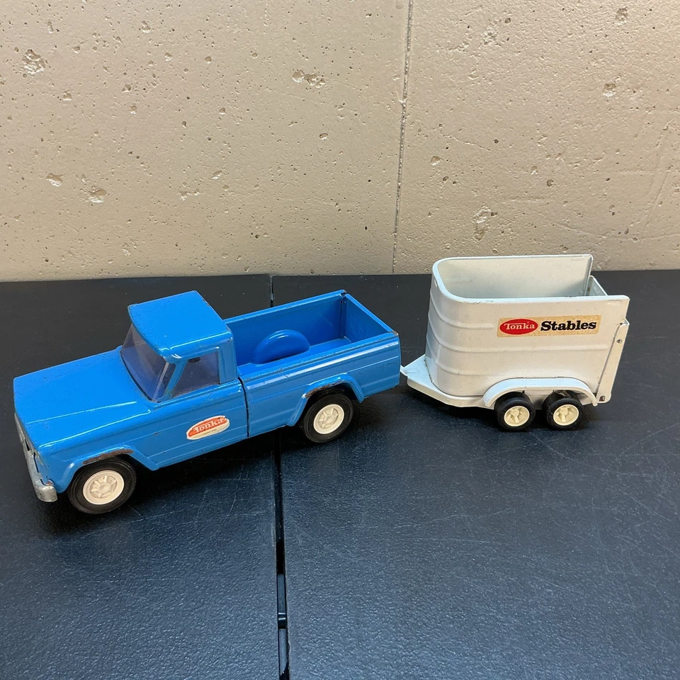 "Camioneta pick-up Jeep Tonka azul vintage años 60 9"" acero prensado + remolque" Foto 2 de 4