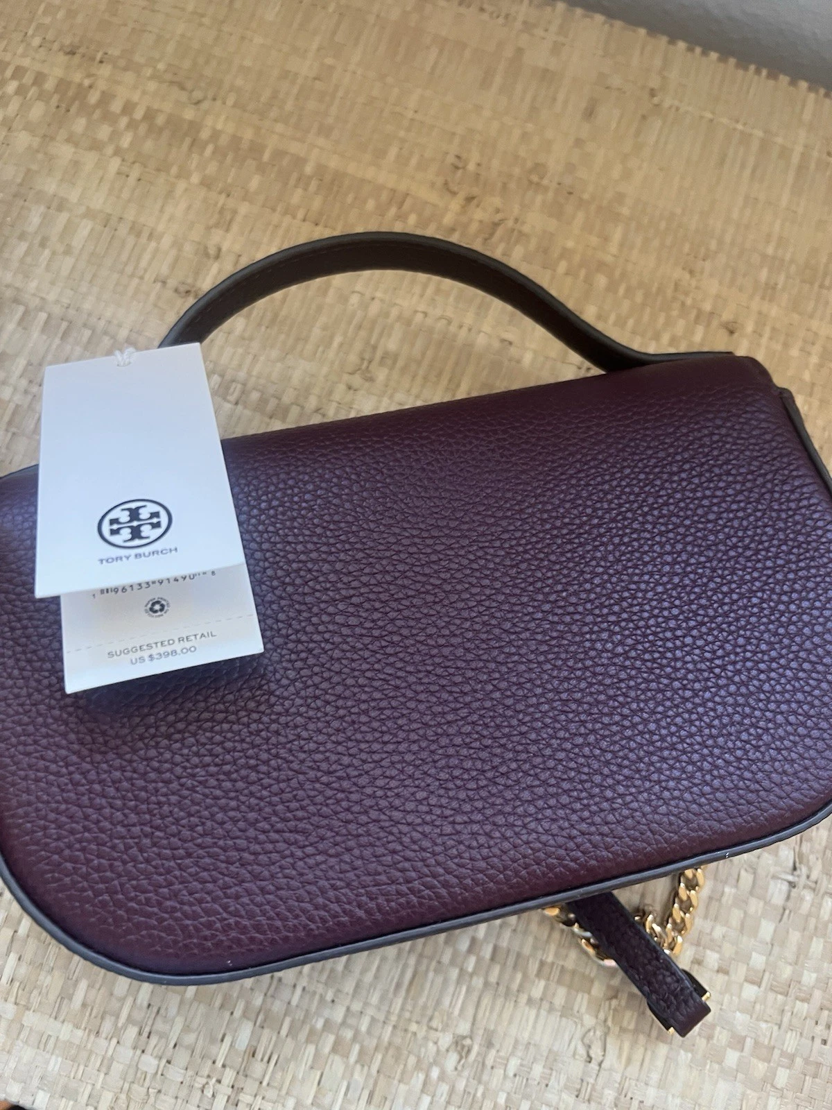 Borsa nuova con etichette TORY BURCH edizione limitata MINI manico superiore in pelle RABARBARO SCURO oro
