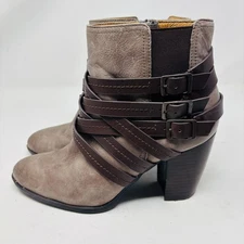 Sofft Ankle Bootie Size 9.5M Brown Taupe Leather Braided Buckle Strap Heeled