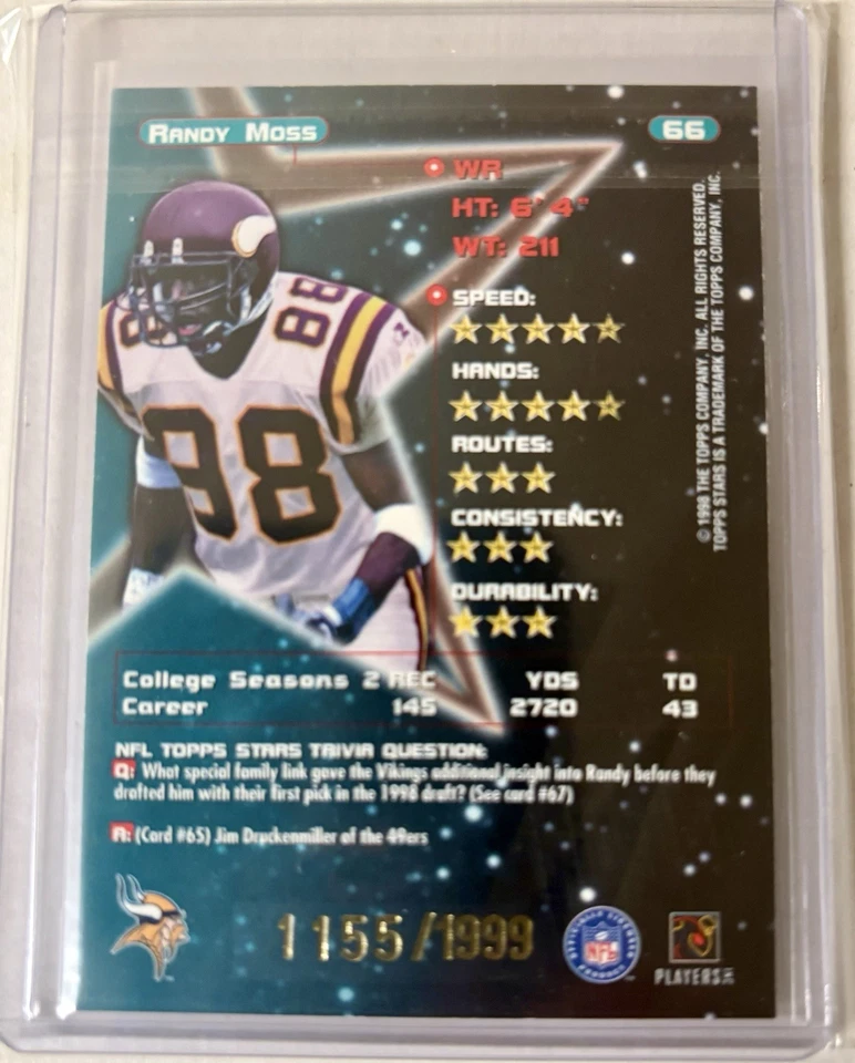 1998 Topps Stars - Randy Moss #66 Gold Rookie /1999 Minnesota Vikings HOF RC SP - Image 2 of 2