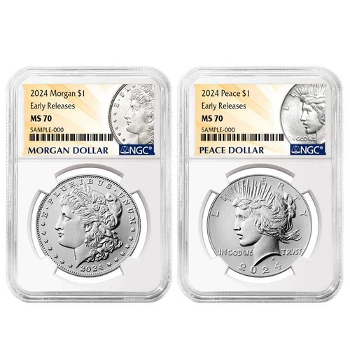 2024 $1 Morgan and Peace Silver Dollar 2pc Set NGC MS70 ER Morgan & Peace