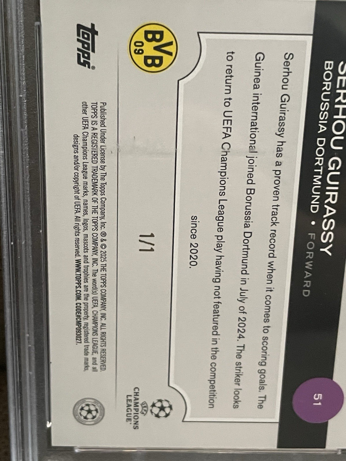 🔥Serhou Guirassy 2024-25 Topps Uefa CC First Card Platinum Foil #1/1 BVB Psa 8 view 3