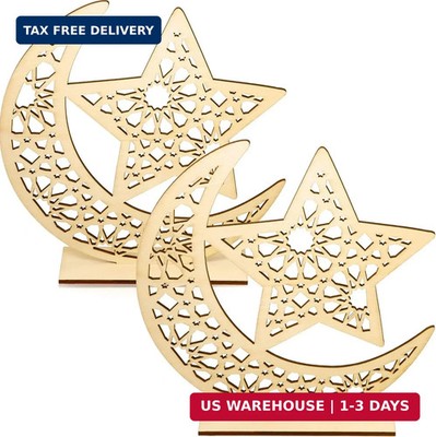 WILLBOND 2 Sets Ramadan Wooden Ornament, Ramadan Mubarak Decorations Eid Mubarak