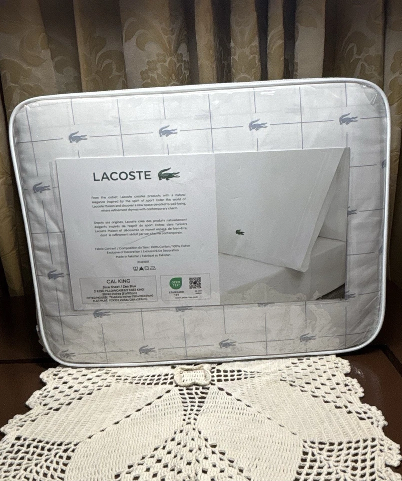 LACOSTE CA King Sheet Set 100% Cotton White Gator Logo Anthracite New - Image 2 of 4