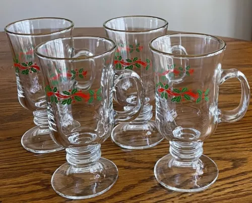 Libbey’s Christmas Holly Berry Footed Irish Coffee Egg Nog Mug Set of 4 Gold Rim