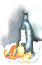 ART WATERCOLOR STILL LIFE WITH  ORANGE GREEN BOTTLE