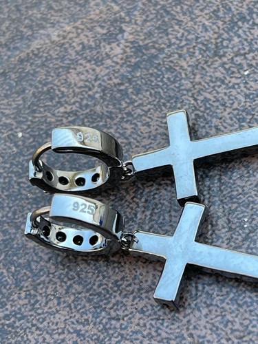 Real Solid 925 Silver Men Ladies Dangle Cross Hoop Aretes Iced Black CZ - Imagen 7 de 14