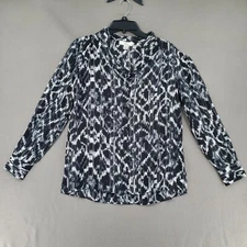 H by Halston Womens Long Sleeve Blouse Top Button Up Abstract Black Size XS