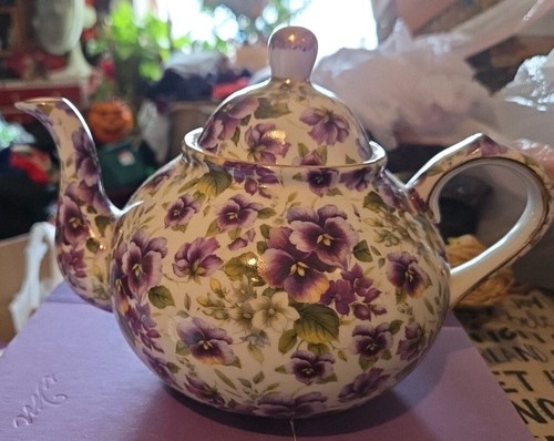 Teekanne Formalities by Baum Bros 6 Tassen violette Stiefmütterchen Chintz Floral mit Goldrand