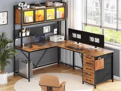 L Shaped Computer Desk with Hutch &Storage Shelves Home Office Desk w/Led Lights