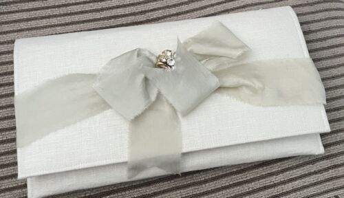 vintage ivory linen clutch with jeweled embellish… - image 1