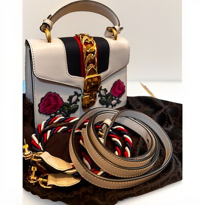 Gucci Sylvie White Leather Floral Embroidered Mini Shoulder Bag