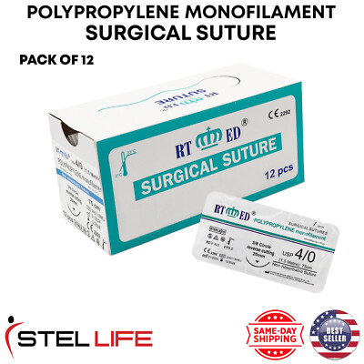 4/0 Polypropylene Suture Threads with Needle Pack of 12 Sterile Practice Suture