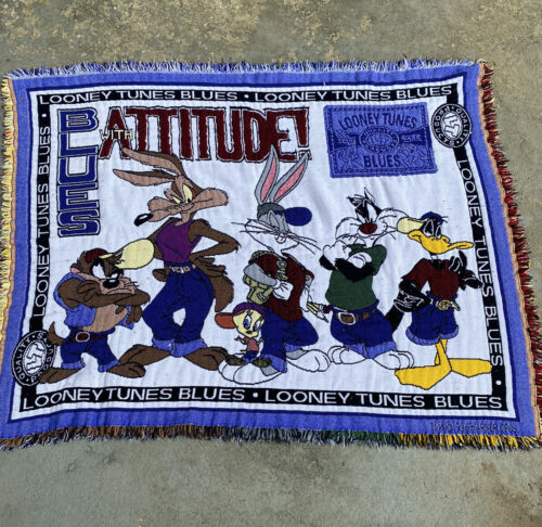 Vintage 1996 Looney Tunes Warner Bros. throw fringe blanket rug 42”x 54” - Afbeelding 1 van 11