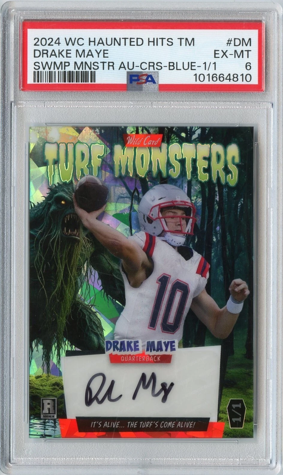 Drake Maye Wild Card Haunted Hits Monster Hunt Hobby Turf Monsters Swamp Monster Autographs #DM Crystal Foil-Blue-1/1