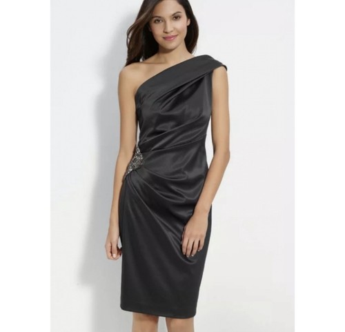 Eliza J One Shoulder Black Satin Beaded 