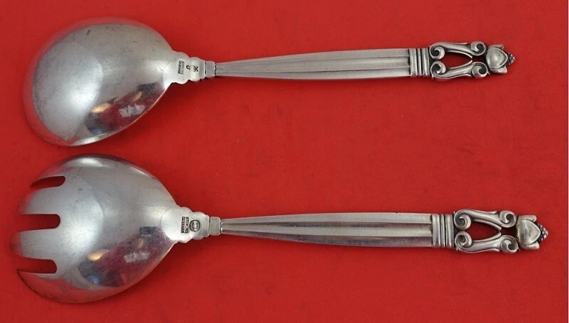 Bolota por Georg Jensen conjunto de servir salada prata esterlina 2 peças FH toda esterlina 8" - Imagem 2 de 3