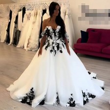 Gothic Off-Shoulder White Wedding Dress Black Lace Bridal Gowns Boho Sweetheart