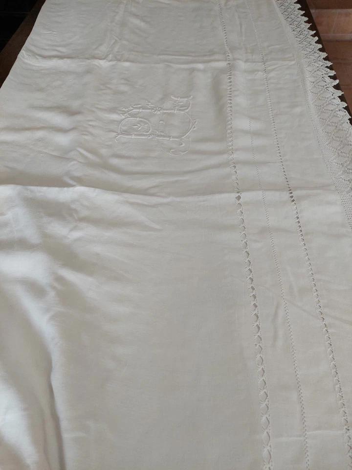 Drap ancien métis lin coton 210 X 300 cm monogramme PL - Photo 4/4