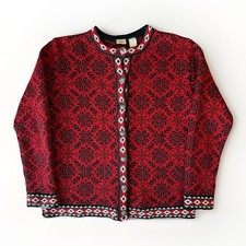 Vintage LL Bean Nordic Cardigan Women's M Red Argyle Norse Aran Sweater