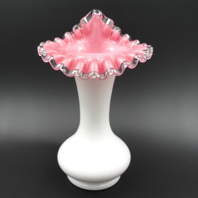 Fenton Jack in the Pulpit Tulip Vase Pink White Peach Blow Silver Crest Vtg MCM