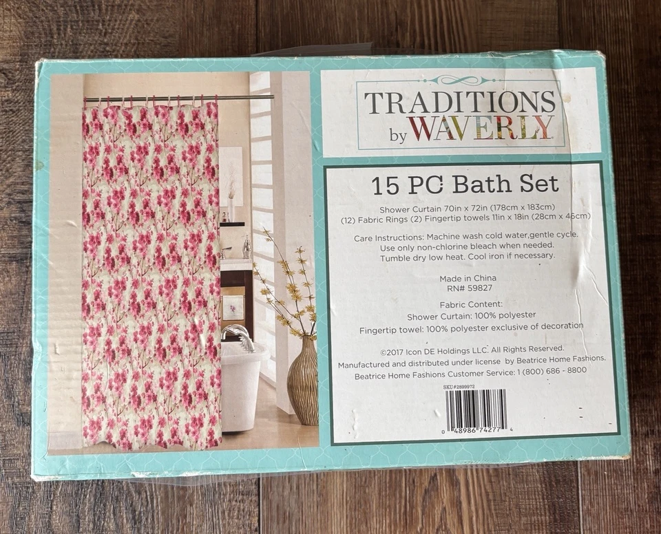 New Traditions Waverly Bathroom Set Shower Curtain Rings Towels Floral Cottage - Image 2 of 3