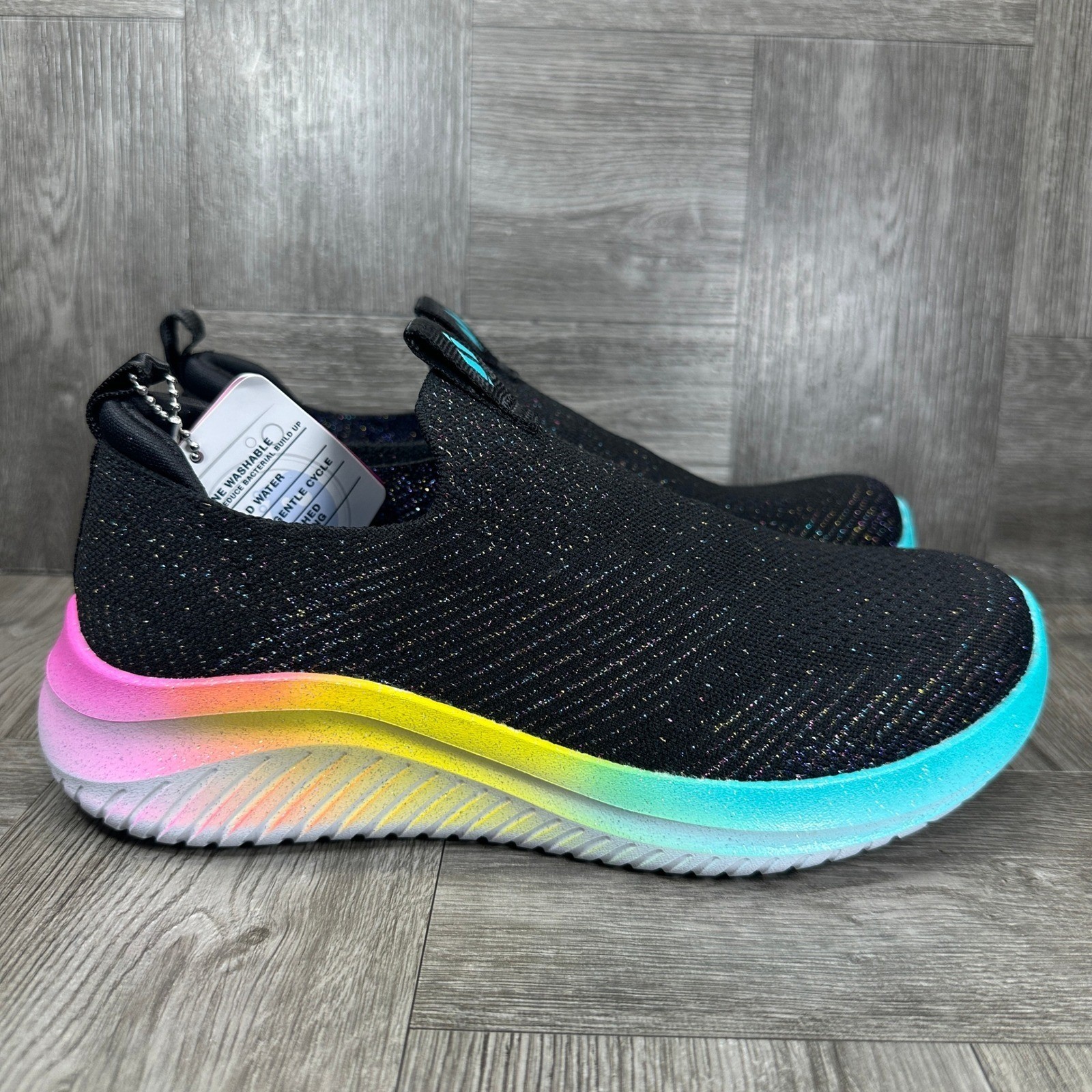 Skechers Slip On Sneakers Girls 3 Black Rainbow Sparkly Ombre NEW