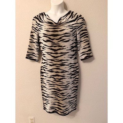Ming Wang Womens Brown Tiger Print Cowl Neck Knit Sheath Dress Size M career