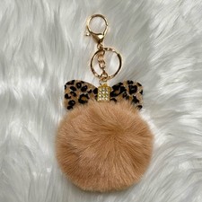 Leopard Bow With Rhinestones Pom Pom Bag Charm Keychain Tan Gold New