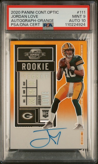 2020 Panini Contenders Optic RC Jordan Love #111 Orange Auto /50 [PSA 9 AUTO 10]