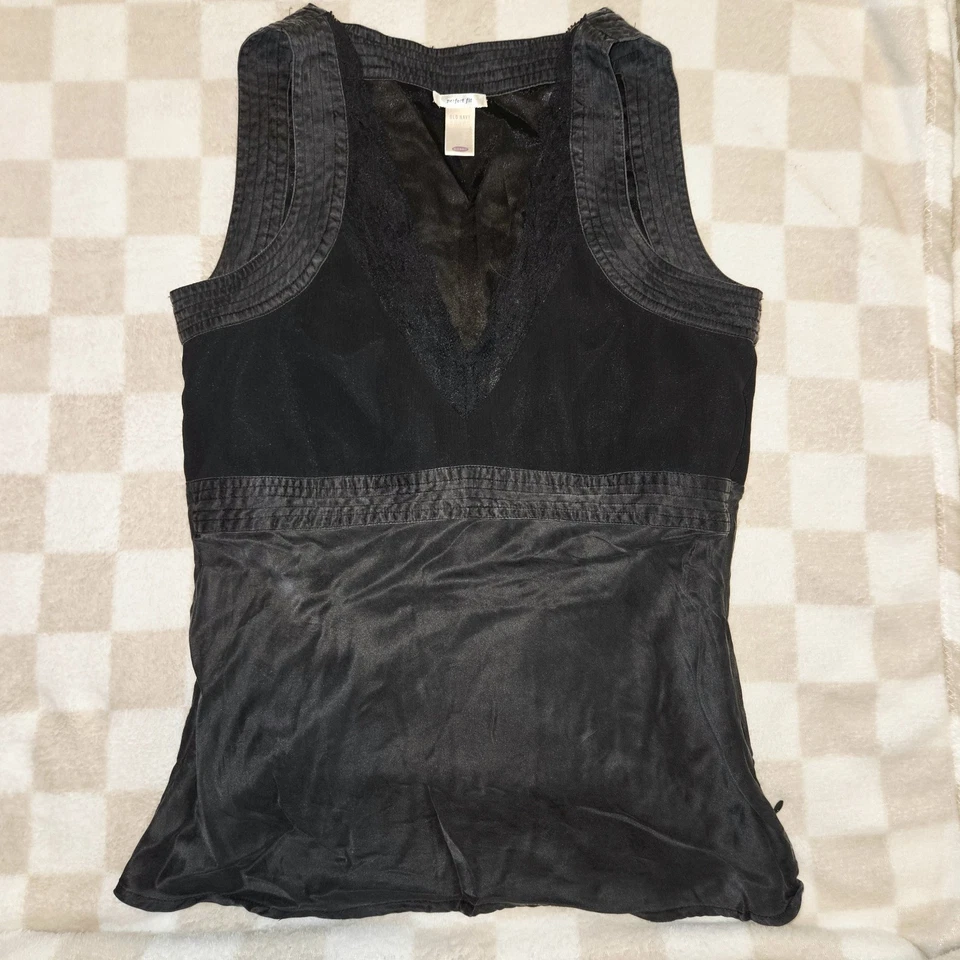 Старый темно-Y2K винтажный маленький черный Babydoll 100% шелк и кружева Майка Whimsigoth - Изображение 2 из 4