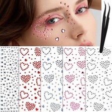 Face Gems 5 Sheets Hair Gems, Self Adhesive Face Jewels Stickers, Heart Festi...