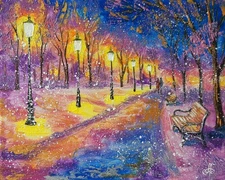 Original Oil Winter Landscape Painting Snow Park Bench Canvas Wall Art Vibrant