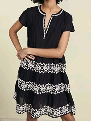 Roberta Roller Rabbit Pamela Black White Embroidered Tiered Cotton Dress Medium