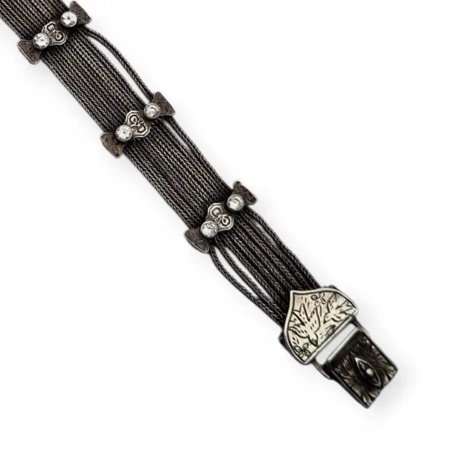 Antico bracciale turco in argento 925 stile bizantino con zirconcini e uccell... - Immagine 4 di 4