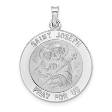 14k White Gold Polished and Satin Solid Saint Joseph Medal Round Pendant 3.22gm