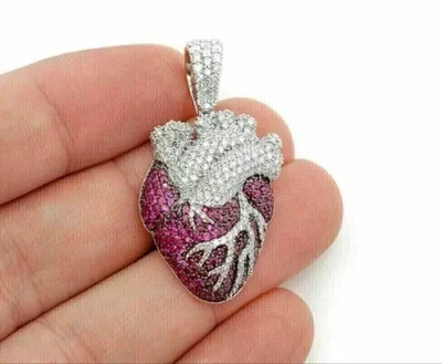 2.30Ct Round Lab Created Ruby Heart Cluster Charm Pendent 14k White Gold Plated