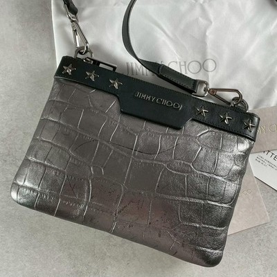 Jimmy Choo Umhängetasche geprägtes Leder Metallic Grau Stern Nieten Italien...
